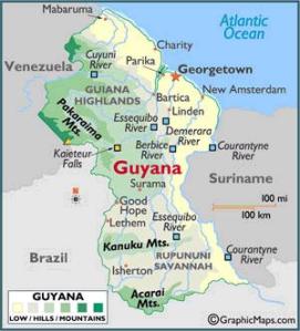 Guyana map (bordering Venezuela, Suriname and Brazil